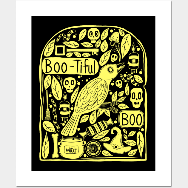 Tombstone Halloween Doodle - Slime Green Wall Art by Scriptnbones